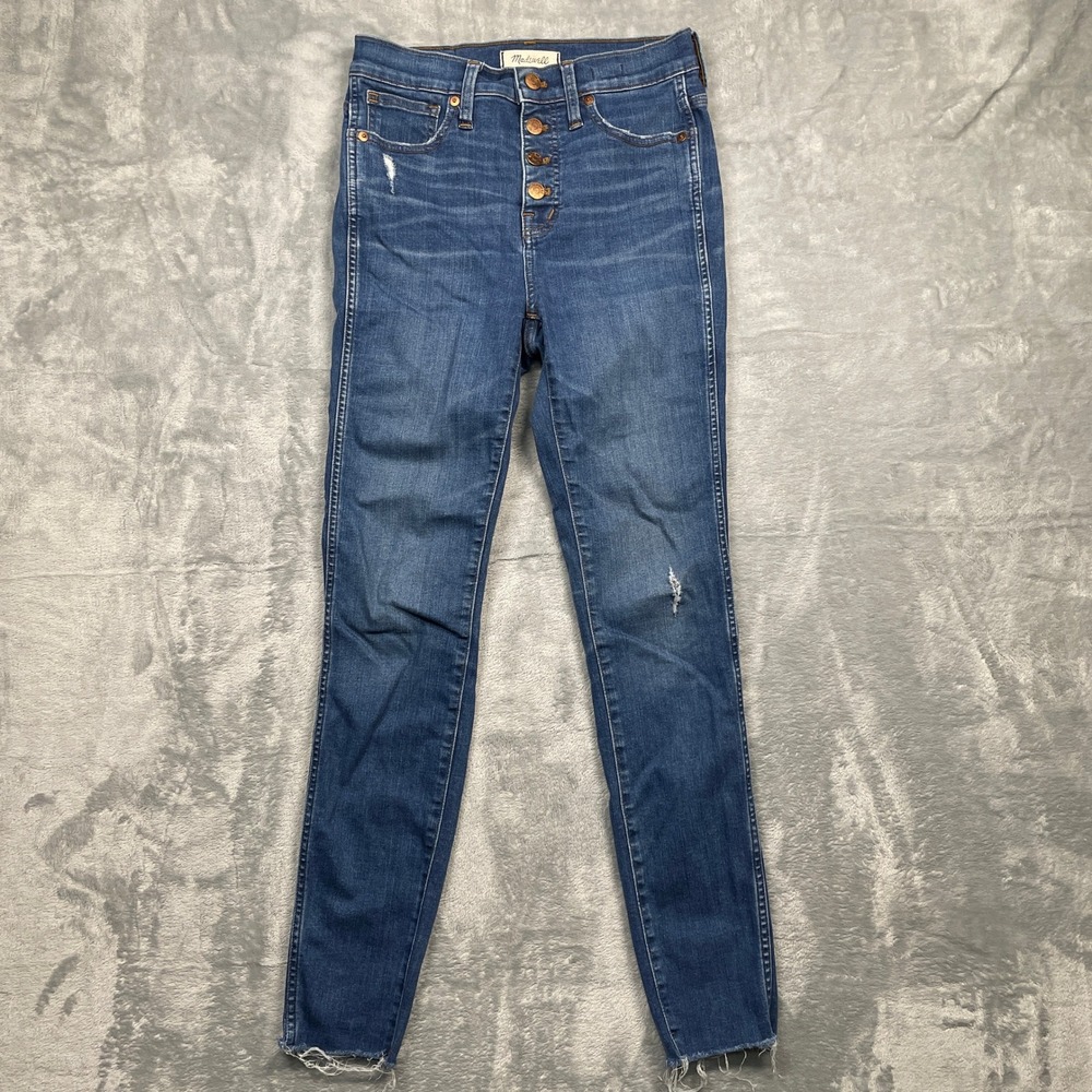 Madewell 10" High-Rise Skinny Jeans Women 26 Blue Button Fly Distressed Raw Hem